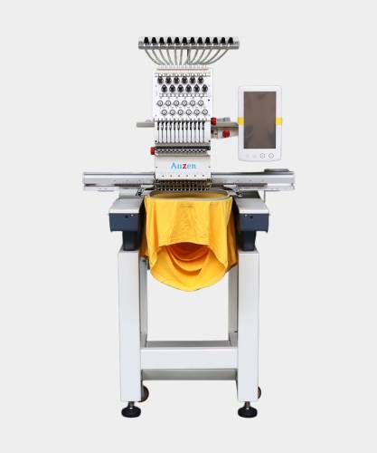 Sewing machine stitching letters onto dark fabric