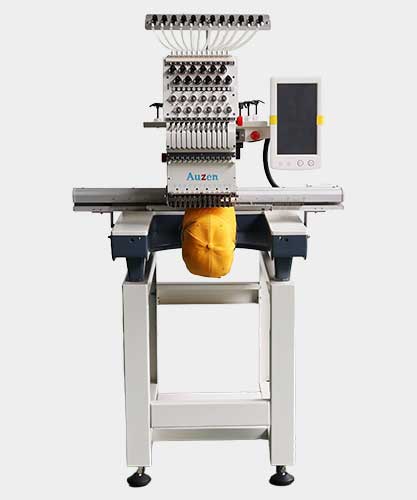 Industrial embroidery machine stitching multiple branded caps at once